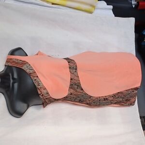 NWT La Reyna One Shoulder Dress, Peach w Black & Gold lace accents